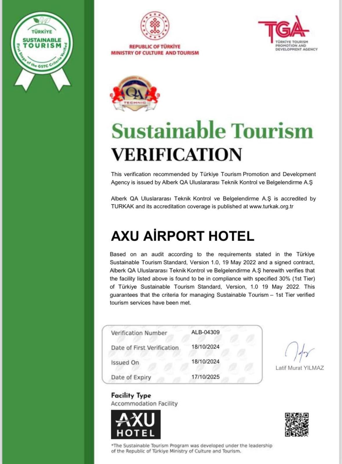 Axu Airport Hotel Arnavutkoy Eksteriør billede A certificate of the TURQA
